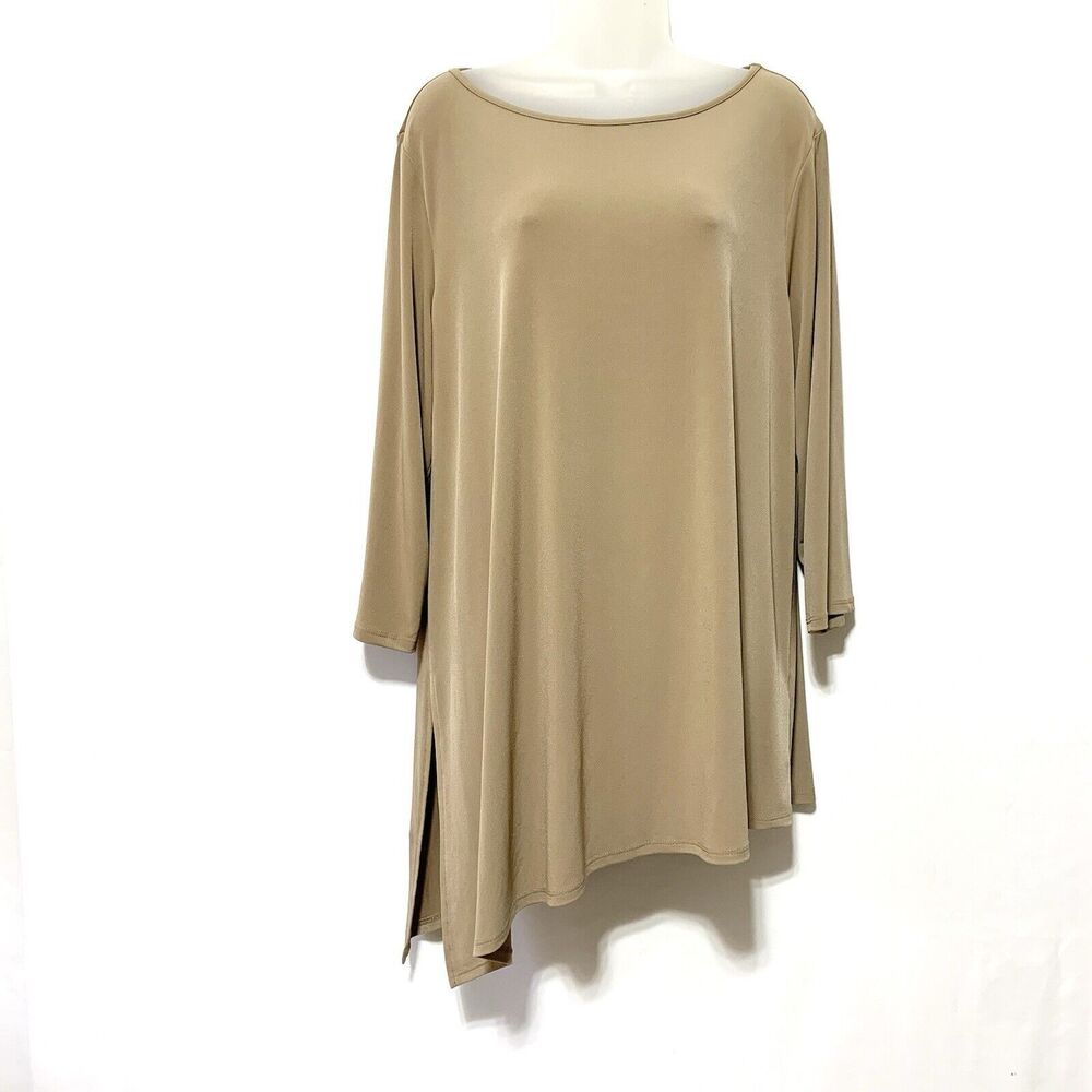 Susan Graver Liquid Knit Tunic Top XL Beige Stretch 3/4 Sleeve Slit Hem